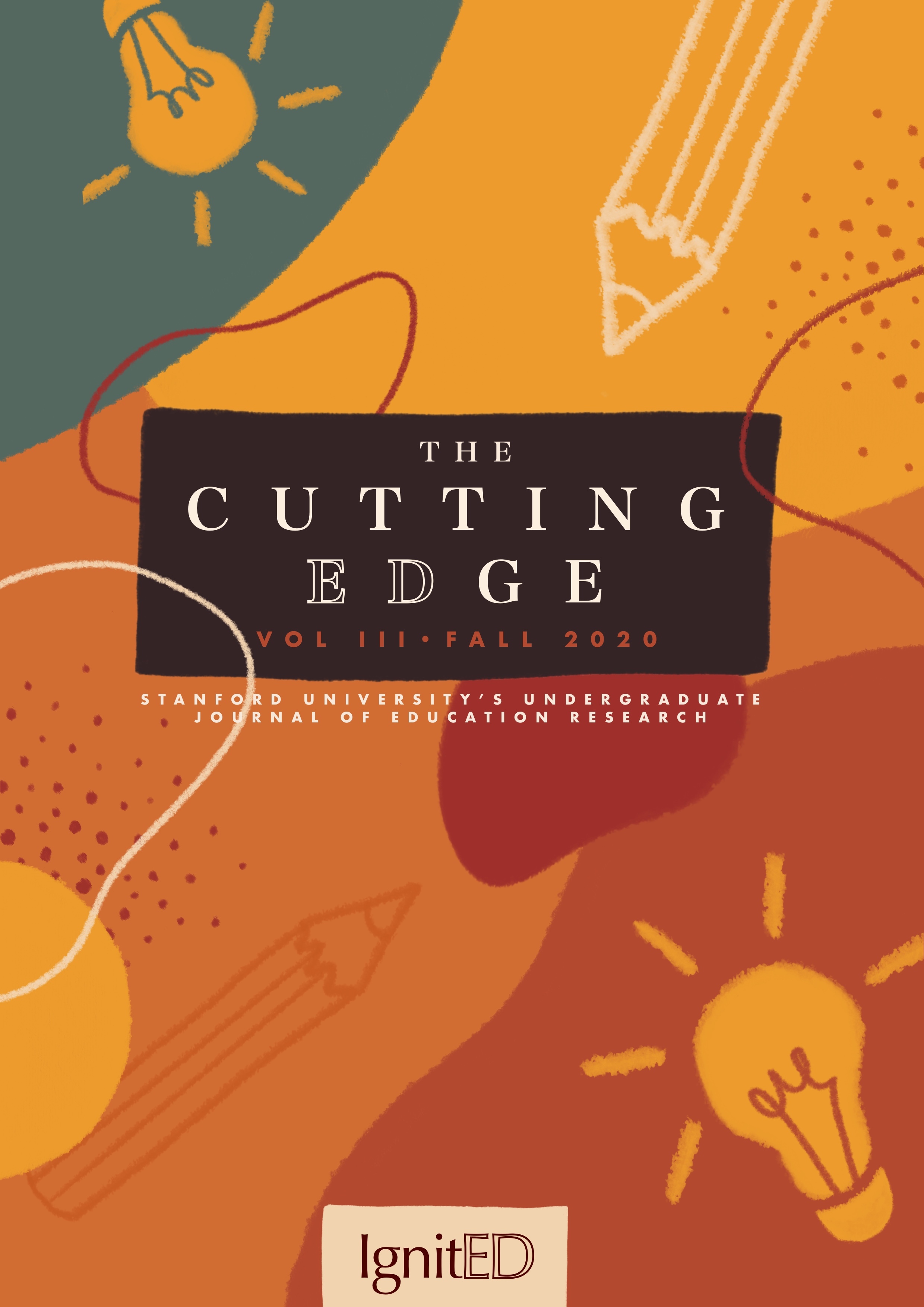 Title page of "The Cutting Edge Vol 3 Fall 2020," with images of lightbulbs and pencils in warm fall colors such as orange and red