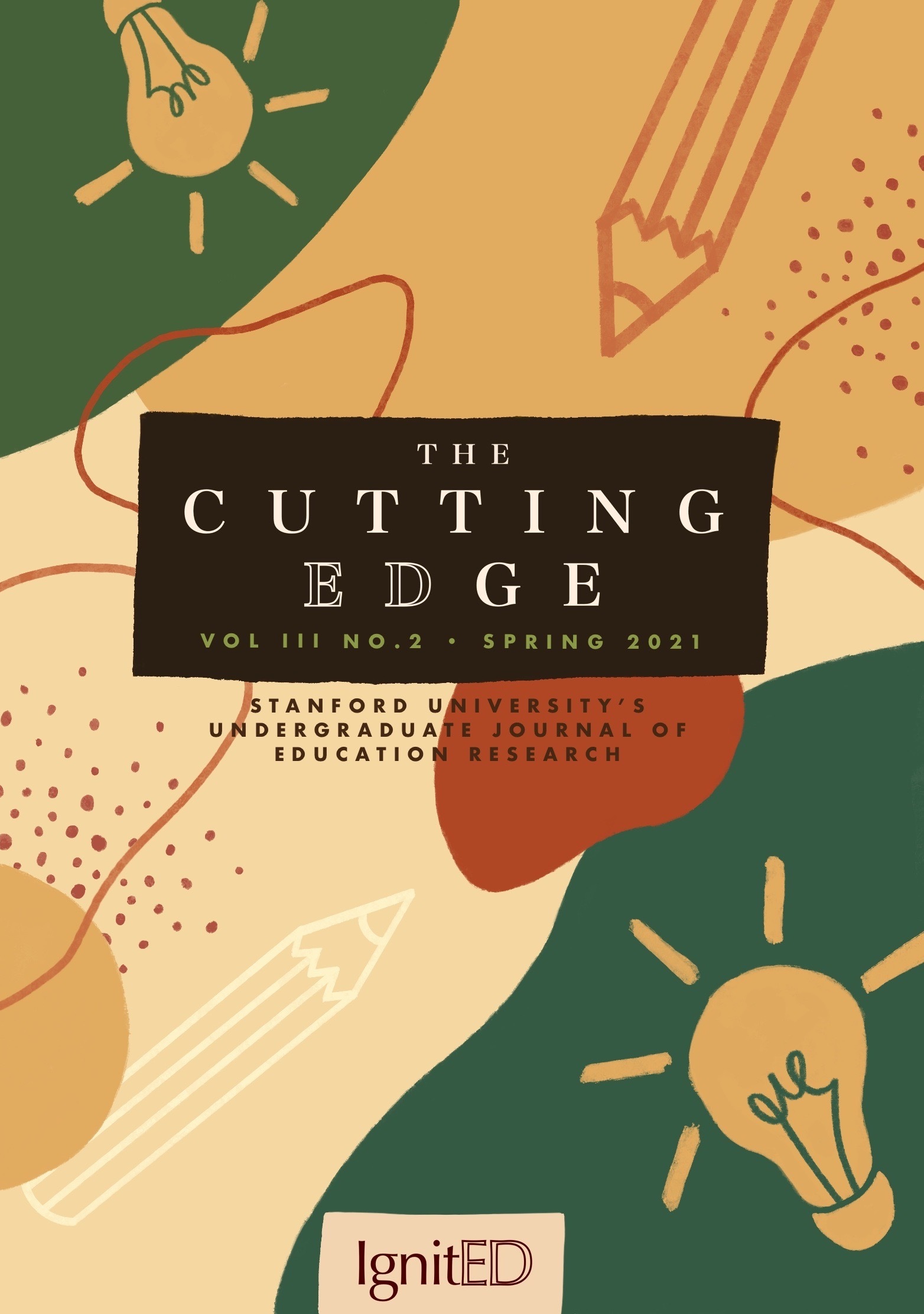 Title page of "The Cutting Edge Vol 3 No 2 Spring 2021," with images of lightbulbs and pencils in spring colors such as yellow and green