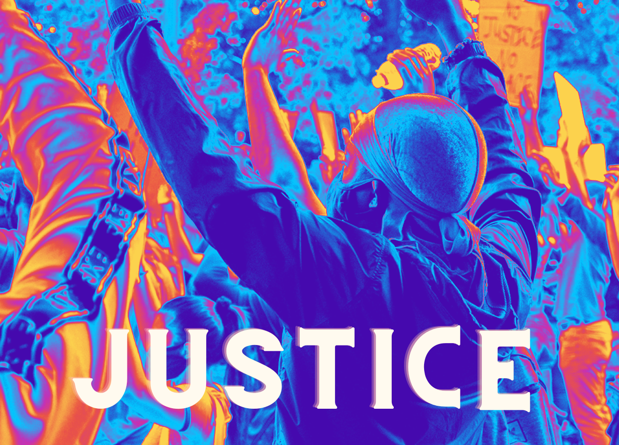 blue and orange picture of student protest with the word " Justice" in white letters