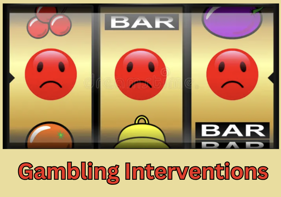 A drawing of a gambling in her face with a gold background and three red, frowning, losing faces red lettering that says gambling intervention