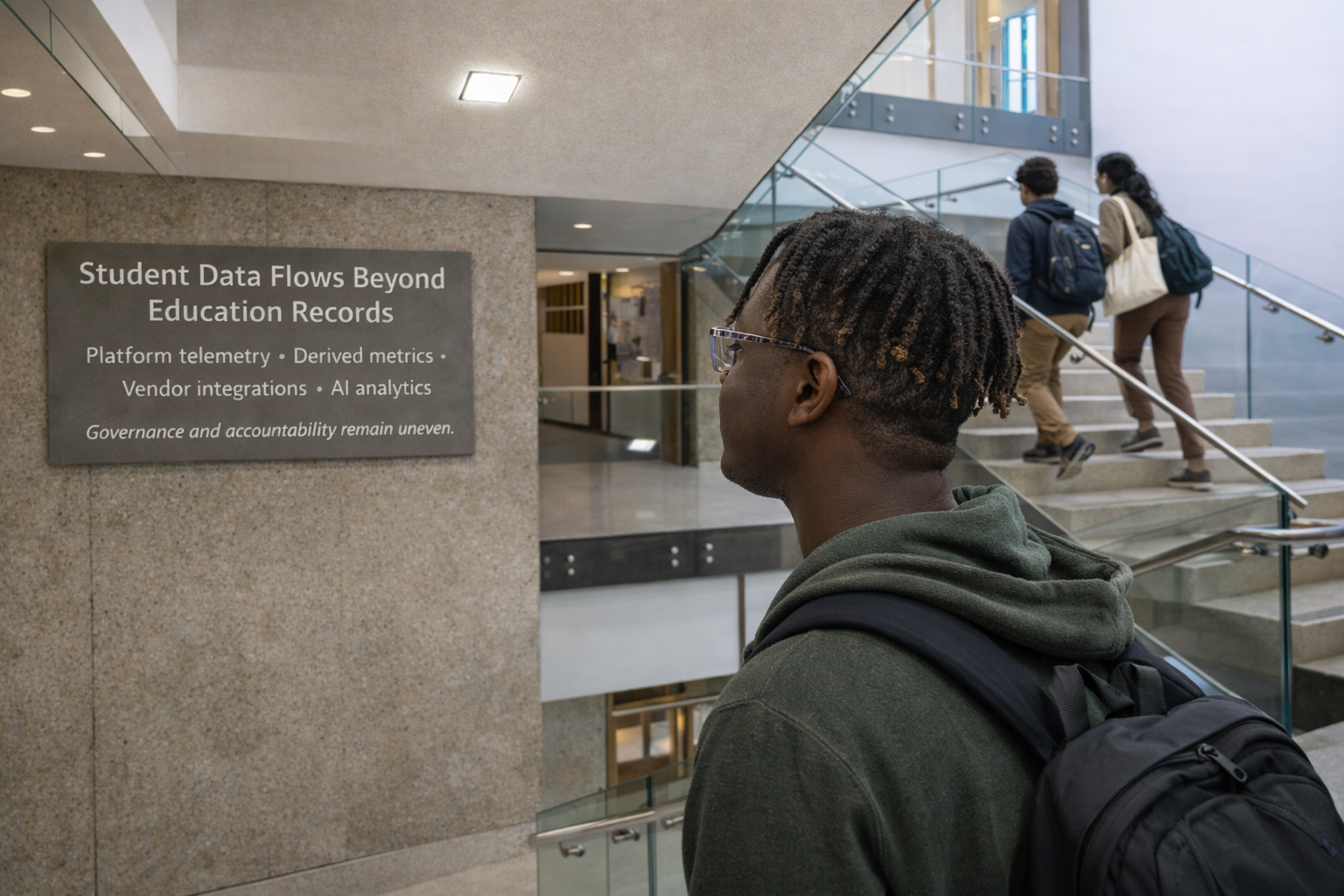  Author at Stanford law school with a sign on the wall warning about data collection