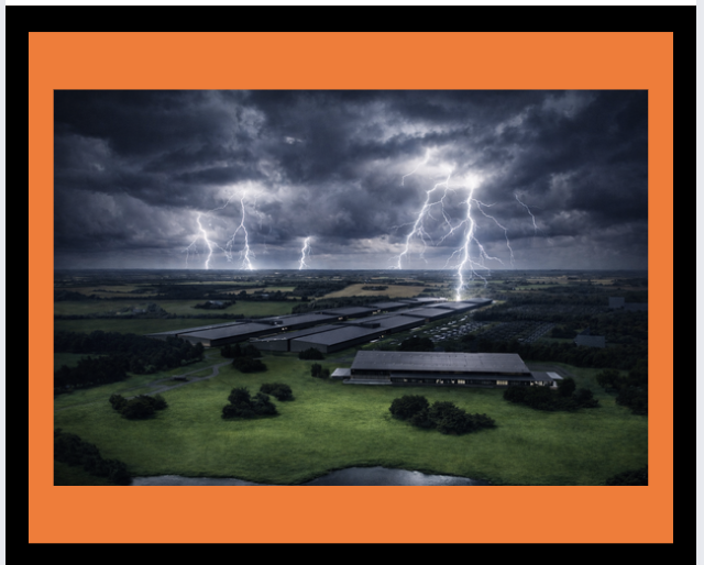 Rural data center and electrical storm on orange mat