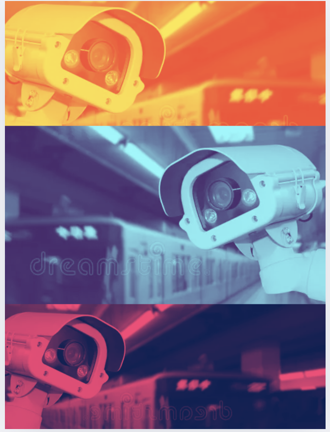 Photo with duo tone super imposed images of surveillance camera in a transit station in orange, blue and pink
