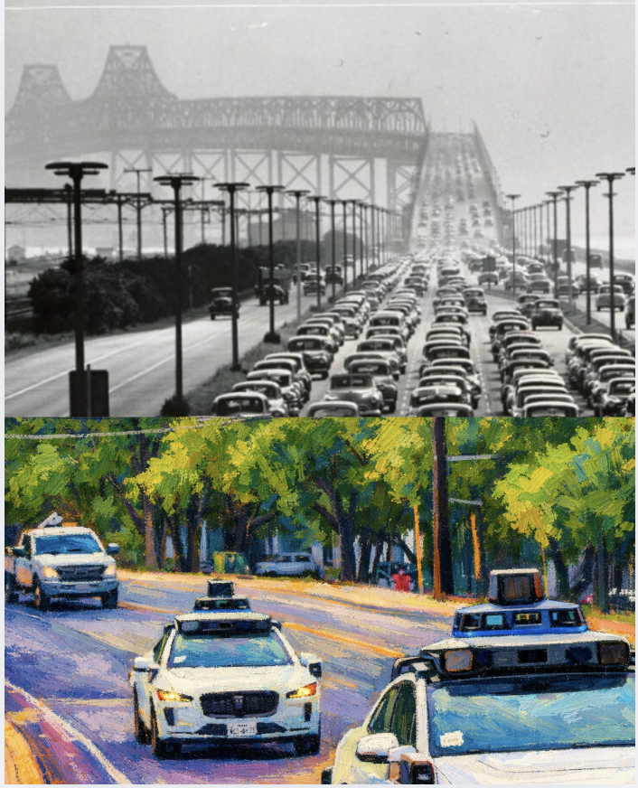 Old Bay Bridge with LLM generated image of AVs