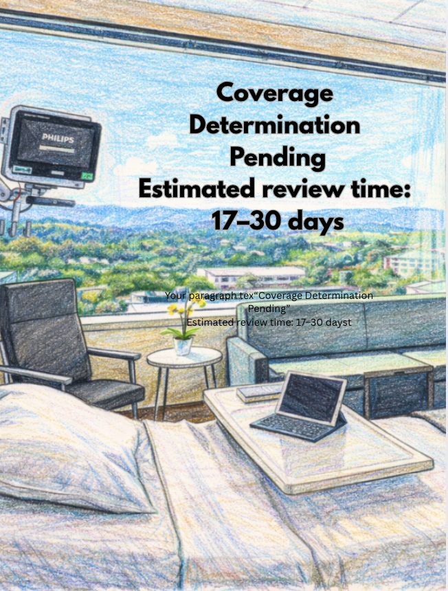 Luxury medical accommodations with sign “Coverage Determination Pending” Estimated review time: 17–30 days