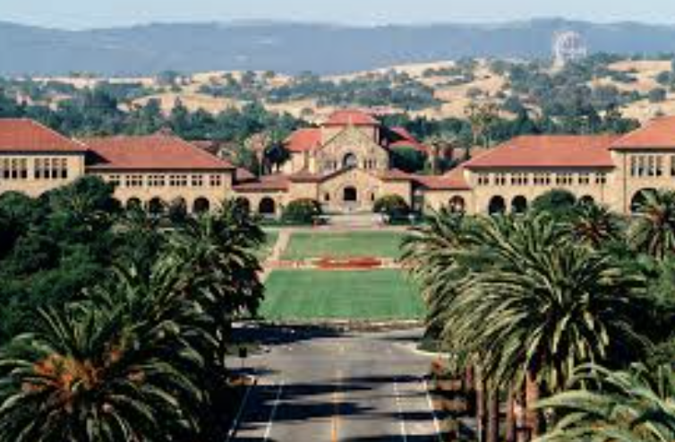 color pencil drawing of Stanford as viewed from Palm Drive. LLM generated 