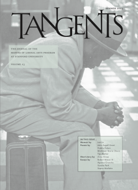 Tangents cover in green and gray showing a Black man in a suit and hat sitting on an old suitcase, hands clasped. He's looking at the ground. The photo appears to be mid-twentieth century.