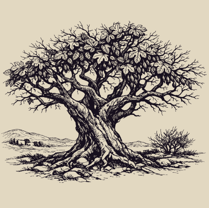 Fig tree drawing in ink on tan background